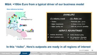 14GRUPPOHERA
M&A: +106m Euro from a typical driver of our business model
In this “risiko”, Hera’s outposts are ready in all regions of interest
ENABLERSENABLERSENABLERSENABLERS
HERA’S ADVANTAGESHERA’S ADVANTAGESHERA’S ADVANTAGESHERA’S ADVANTAGES
((((1111) Industry trends) Industry trends) Industry trends) Industry trends
• TendersTendersTendersTenders
• HigherHigherHigherHigher investmentsinvestmentsinvestmentsinvestments
• Higher qualityHigher qualityHigher qualityHigher quality stdstdstdstd
(2)(2)(2)(2) MadiaMadiaMadiaMadia LawLawLawLaw
• RationalizRationalizRationalizRationaliz. planplanplanplan yearly
• InInInIn----HouseHouseHouseHouse strong limits
• 500 k500 k500 k500 k€€€€ potential penaltiespenaltiespenaltiespenalties
Reference territories
3.3.3.3. Visible Dividend policyVisible Dividend policyVisible Dividend policyVisible Dividend policy
4.4.4.4. Full integration /SynergiesFull integration /SynergiesFull integration /SynergiesFull integration /Synergies
(+25% Ebitda within 5y)
1.1.1.1. Inclusive GovernanceInclusive GovernanceInclusive GovernanceInclusive Governance
2.2.2.2. Hera’s premium priceHera’s premium priceHera’s premium priceHera’s premium price
Hera reference territory
GrowthTrack record Governance Low risk Financial Dividend
Industrial
Development
Development
Waste
Development
Networks
Development
Energy
 