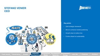 GrowthTrack record Governance
Growth:
Industrial
STEFANO VENIER
CEO
Key points:
• Solid strategic framework
• Move to enhance market positioning
• Growth down to bottom line
• Further ahead on sustainability
GrowthTrack record Governance
Growth:
Industrial
Low risk Financial DividendGrowthTrack record Governance
Industrial
Development
Development
Waste
Development
Networks
Development
Energy
 