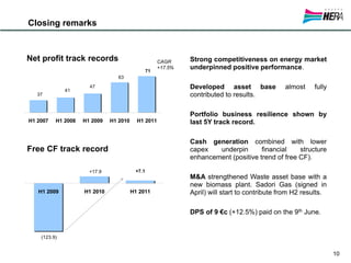 Closing remarks



       Net profit track records                             CAGR     Strong competitiveness on energy market
                                                       71
                                                            +17.5%   underpinned positive performance.
                                        63

                     41
                             47                                      Developed asset base             almost    fully
          37                                                         contributed to results.

 20                                                                  Portfolio business resilience shown by
       H1 2007   H1 2008   H1 2009   H1 2010     H1 2011             last 5Y track record.

                                                                     Cash generation combined with lower
       Free CF track record                                          capex   underpin       financial    structure
                                                                     enhancement (positive trend of free CF).

                             +17.9              +7.1
                                                                     M&A strengthened Waste asset base with a
                                                                     new biomass plant. Sadori Gas (signed in
          H1 2009          H1 2010             H1 2011               April) will start to contribute from H2 results.

                                                                     DPS of 9 €c (+12.5%) paid on the 9th June.


           (123.9)
-150

                                                                                                                        10
 