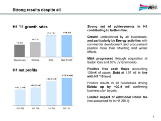 Strong results despite all



H1 ’11 growth rates                            Strong set of achievements in H1
                                               contributing to bottom line.
                       +14.1%      +14.1%

                                               Growth underpinned by all businesses,
             +9.7%
                                               and particularly by Energy activities with
  +7.9%
                                               commercial development and procurement
                                               position more than offsetting mild winter
                                               effects.

Revenues    Ebitda      Ebit      Net Profit
                                               M&A progressed through acquisition of
                                               Sadori Gas and 50% JV Enomondo.

H1 net profits                                 Positive free cash flows accounting
                                               139m€ of capex. Debt at 1.97 b€ in line
                                  +71.4 m€
                                               with H1 ’10 level.
                       +62.5 m€

                                               Positive results in all businesses driving
            +46.8 m€
 +41.2 m€                                      Ebitda up by +30.4 m€ confirming
                                               business plan targets.

                                               Limited impact of additional Robin tax
                                               (not accounted for in H1 2011).

  H1 '08     H1 '09     H1 '10     H1 '11



                                                                                            1
 