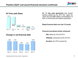Positive OpCF and sound financial structure confirmed



            H1 Free cash flows                                                     H1 ’11 free cash generation fully funded
                                                                                   working capital (up by 30.4 m€), capex by
              +195.2
                                                                                   138.8 m€ and M&A effects (consolidation of
   150                                                                             50% JV Enomondo and Sadori acquisition).

   100




       50                                            +9.0
                                                                                   Stable financial debt over last 12 month.
                           (138.8)      (30.4)
                                                                (27.9)    +7.1
       0


             Oper. CF*    Capex &       NWC          Prov.     M&A and   Free CF
                            Inv.                                other
                                                                                   Financial soundness further enhanced:

            Change in net financial debt                                                D/E: better by 15% (H1/H1)

2100                                                                                    D/Ebitda: enhanced by 9% (H1/H1)
                 1,971         1,963                                      1,971
                                                                                        Duration: 9y (75% exceed 5y)
                                                 1,860        1,846




1600
               Q2 '10         Q3 '10          Q4 '10         Q1 '11      Q2 '11


            * Operating cash flows=Group net profit + Depreciations                                                             4
 