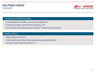 22
5. eCommerce Platform Update
- 11% of all delivered orders via eCommerce platforms
- 6 824 legal entities registered for eCommerce YTD
- 225 000 self-service transactions resulted in 18 000 man-hours saved
6.Helium Project
- Media release in Q2 2016
- Linde Engineering/Tetra 4 early engineering agreement in place
- Expected commercialisation 2018/19
Key Project Update
Continued
 