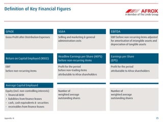 25
Definition of Key Financial Figures
Appendix. III
GPADE
Gross Profit after Distribution Expenses
SG&A
Selling and marketing & general
administration costs
EBITDA
EBIT before non-recurring items adjusted
for amortisation of intangible assets and
depreciation of tangible assets
Return on Capital Employed (ROCE)
EBIT
before non-recurring items
Headline Earnings per Share (HEPS)
before non-recurring items
Profit for the period
before non-trading items
attributable to Afrox shareholders
Earnings per Share
(EPS)
Profit for the period
attributable to Afrox shareholders
Average Capital Employed
Equity (incl. non-controlling interests)
+ financial debt
+ liabilities from finance leases
- cash, cash equivalents & securities
- receivables from finance leases
Number of
weighted average
outstanding shares
Number of
weighted average
outstanding shares
 