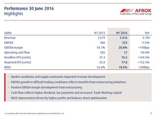 9
Performance 30 June 2016
Highlights
¹ w/o positive effect from LPG market prices underlying revenuedeclined by –3%
ZARm H1 2015 H1 2016 YoY
Revenue 2 679 2 616 -2.3%¹
EBITDA 486 523 +7.6%
EBITDA margin 18.1% 20.0% +190bps
Operating cash flow 285 17 -94.0%
Headline EPS (cents) 37.4 76.5 +104.5%
Reported EPS (cents) 35.0 77.8 +122.3%
ROCE 16.6% 18.6% +200bps
- Market conditions and supply constraints impacted revenue development
- EBITDA growth in difficult trading conditions reflects benefits from restructuring initiatives
- Positive EBITDA margin development from restructuring
- Cash Flow reflects higher dividend, tax payments and increased Trade Working Capital
- ROCE improvement driven by higher profits and balance sheet optimisation
 