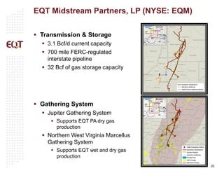 20
 Transmission & Storage
 3.1 Bcf/d current capacity
 700 mile FERC-regulated
interstate pipeline
 32 Bcf of gas storage capacity
 Gathering System
 Jupiter Gathering System
 Supports EQT PA dry gas
production
 Northern West Virginia Marcellus
Gathering System
 Supports EQT wet and dry gas
production
EQT Midstream Partners, LP (NYSE: EQM)
 