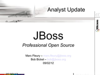 Analyst Update




      JBoss
Professional Open Source

 Marc Fleury – marc.fleury@jboss.org
    Bob Bickel – bob@jboss.org
               09/02/12
 