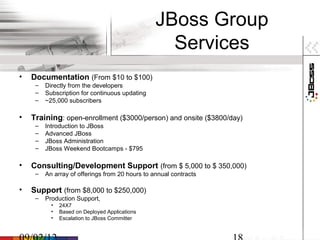 JBoss Group
                                                   Services
•   Documentation (From $10 to $100)
     –   Directly from the developers
     –   Subscription for continuous updating
     –   ~25,000 subscribers

•   Training: open-enrollment ($3000/person) and onsite ($3800/day)
     –   Introduction to JBoss
     –   Advanced JBoss
     –   JBoss Administration
     –   JBoss Weekend Bootcamps - $795

•   Consulting/Development Support (from $ 5,000 to $ 350,000)
     –   An array of offerings from 20 hours to annual contracts

•   Support (from $8,000 to $250,000)
     –   Production Support,
           •   24X7
           •   Based on Deployed Applications
           •   Escalation to JBoss Committer
 