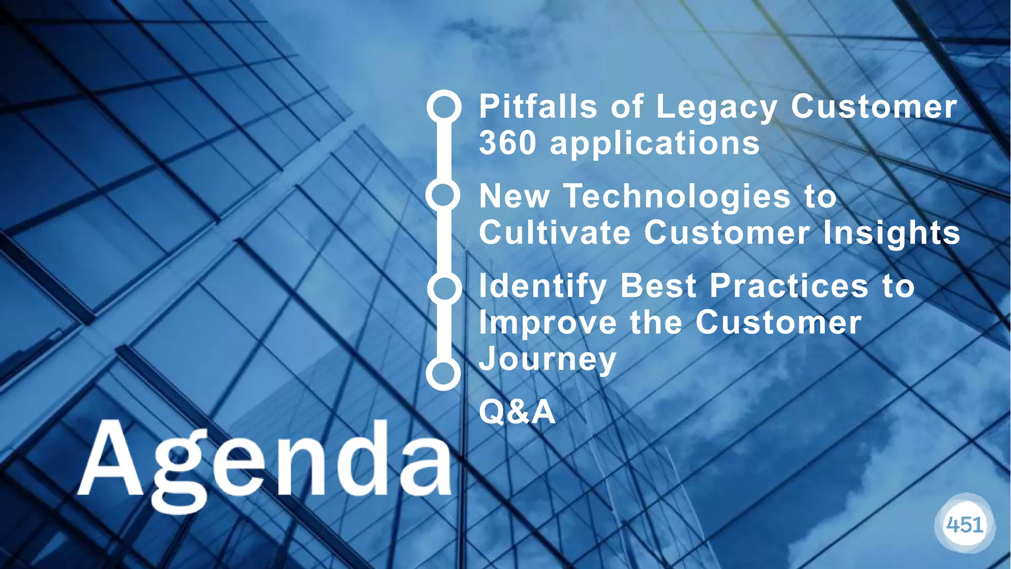 451RESEARCH.COM
©2018 451 Research. All Rights Reserved.
451RESEARCH.COM
©2018 451 Research. All Rights Reserved.
Pitfalls of Legacy Customer
360 applications
New Technologies to
Cultivate Customer Insights
Identify Best Practices to
Improve the Customer
Journey
Q&A
 