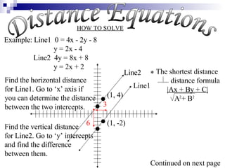 Distance Equations HOW TO SOLVE Example: Line1  0 = 4x - 2y - 8 y = 2x - 4  Line2  4y = 8x + 8 y = 2x + 2  Find the horizo...