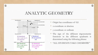 ANALYTIC GEOMETRY
• Origin has coordinates of 0,0.
• x-coordinate or abscissa
• y-coordinate or ordinate
• The sign of the different trigonometric
functions in the different quadrants is
determined using the following phrase:
• “ALL STUDENTS TAKE CHEMISTRY”
 