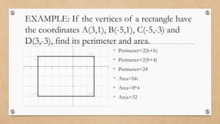 EXAMPLE: If the vertices of a rectangle have
the coordinates A(3,1), B(-5,1), C(-5,-3) and
D(3,-3), find its perimeter and area.
• Perimeter=2(b+h)
• Perimeter=2(8+4)
• Perimeter=24
• Area=bh
• Area=8*4
• Area=32
 