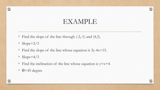EXAMPLE
• Find the slope of the line through (-2,-1) and (4,3).
• Slope=2/3
• Find the slope of the line whose equation is 3y-4x=15.
• Slope=4/3
• Find the inclination of the line whose equation is y=x+4.
• Ɵ=45 degree
 