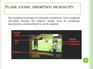 FLAME ATOMIC ABSORPTION MICROSCOPY 
This analytical technique is commonly considered a “wet” analytical 
procedure because the original sample must be completely 
dissolved in a solution before it can be analysed. 
31 
 