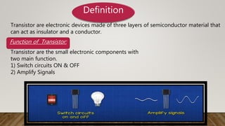 Definition
Transistor are electronic devices made of three layers of semiconductor material that
can act as insulator and a conductor.
Function of Transistor:
Transistor are the small electronic components with
two main function.
1) Switch circuits ON & OFF
2) Amplify Signals
 