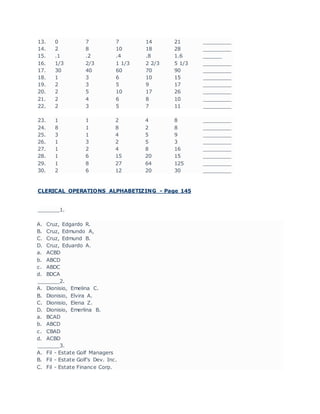 13. 0 7 7 14 21 _________
14. 2 8 10 18 28 _________
15. .1 .2 .4 .8 1.6 ______
16. 1/3 2/3 1 1/3 2 2/3 5 1/3 _________
17. 30 40 60 70 90 _________
18. 1 3 6 10 15 _________
19. 2 3 5 9 17 _________
20. 2 5 10 17 26 _________
21. 2 4 6 8 10 _________
22. 2 3 5 7 11 _________
23. 1 1 2 4 8 _________
24. 8 1 8 2 8 _________
25. 3 1 4 5 9 _________
26. 1 3 2 5 3 _________
27. 1 2 4 8 16 _________
28. 1 6 15 20 15 _________
29. 1 8 27 64 125 _________
30. 2 6 12 20 30 _________
CLERICAL OPERATIONS ALPHABETIZING - Page 145
_______1.
A. Cruz, Edgardo R.
B. Cruz, Edmundo A,
C. Cruz, Edmund B.
D. Cruz, Eduardo A.
a. ACBD
b. ABCD
c. ABDC
d. BDCA
_______2.
A. Dionisio, Emelina C.
B. Dionisio, Elvira A.
C. Dionisio, Elena Z.
D. Dionisio, Emerlina B.
a. BCAD
b. ABCD
c. CBAD
d. ACBD
_______3.
A. Fil - Estate Golf Managers
B. Fil - Estate Golf's Dev. Inc.
C. Fil - Estate Finance Corp.
 