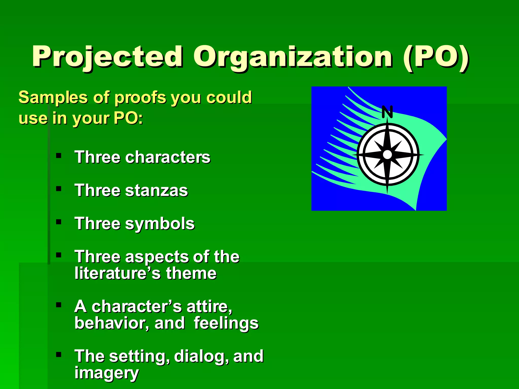 Projected Organization (PO) Three characters Three stanzas Three symbols Three aspects of the literature’s theme A character’s attire, behavior, and  feelings The setting, dialog, and imagery Samples of proofs you could use in your PO: 