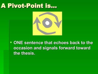 A Pivot-Point is… ONE sentence that echoes back to the occasion and signals forward toward the thesis.  