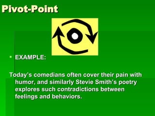 Pivot-Point EXAMPLE: Today’s comedians often cover their pain with humor, and similarly Stevie Smith’s poetry explores such contradictions between feelings and behaviors. 