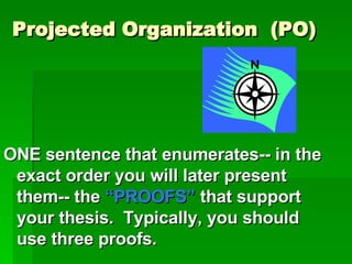 Projected Organization  (PO) ONE sentence that enumerates-- in the exact order you will later present them-- the  “PROOFS”   that support your thesis.  Typically, you should use three proofs. 