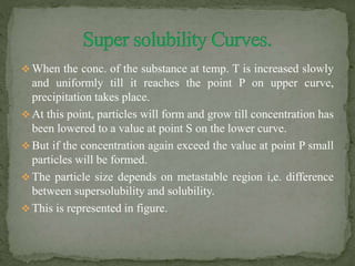  When the conc. of the substance at temp. T is increased slowly
and uniformly till it reaches the point P on upper curve,
precipitation takes place.
 At this point, particles will form and grow till concentration has
been lowered to a value at point S on the lower curve.
 But if the concentration again exceed the value at point P small
particles will be formed.
 The particle size depends on metastable region i,e. difference
between supersolubility and solubility.
 This is represented in figure.
 