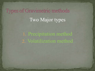 Two Major types
1. Precipitation method
2. Volatilization method
 