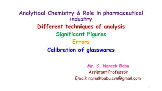 Analytical Chemistry & Role in pharmaceutical
industry
Different techniques of analysis
Significant Figures
Errors
Calibration of glasswares
1
Mr. C. Naresh Babu
Assistant Professor
Email: nareshbabu.cvn@gmail.com
 