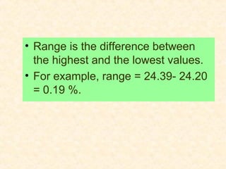 • Range is the difference between
the highest and the lowest values.
• For example, range = 24.39- 24.20
= 0.19 %.
 