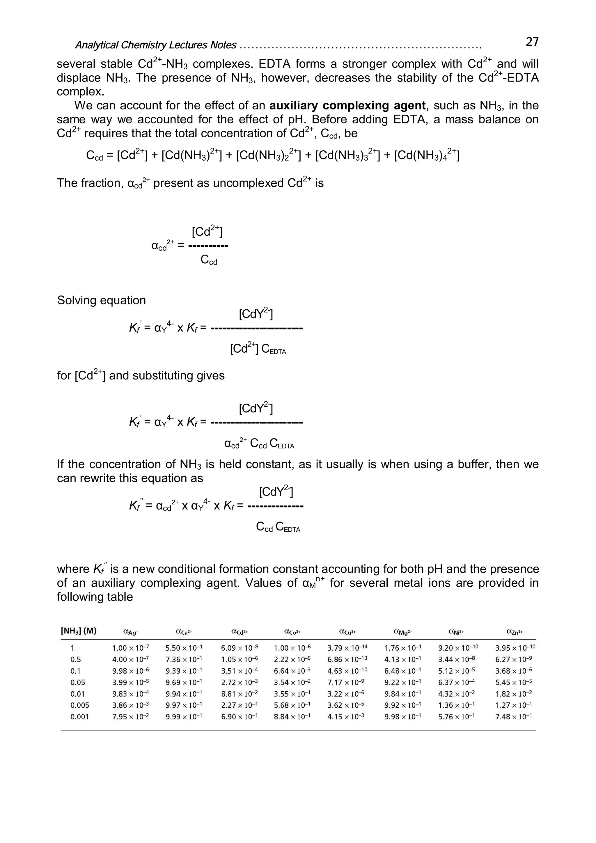 Analytical Chemistry Lectures Notes ……………………………………………………. 27
several stable Cd2+
-NH3 complexes. EDTA forms a stronger complex with Cd2+
and will
displace NH3. The presence of NH3, however, decreases the stability of the Cd2+
-EDTA
complex.
We can account for the effect of an auxiliary complexing agent, such as NH3, in the
same way we accounted for the effect of pH. Before adding EDTA, a mass balance on
Cd2+
requires that the total concentration of Cd2+
, Ccd, be
Ccd = [Cd2+
] + [Cd(NH3)2+
] + [Cd(NH3)2
2+
] + [Cd(NH3)3
2+
] + [Cd(NH3)4
2+
]
The fraction, αcd
2+
present as uncomplexed Cd2+
is
[Cd2+
]
αcd
2+
= ----------
Ccd
Solving equation
[CdY2-
]
Kf
’
= αY
4-
x Kf = -----------------------
[Cd2+
] CEDTA
for [Cd2+
] and substituting gives
[CdY2-
]
Kf
’
= αY
4-
x Kf = -----------------------
αcd
2+
Ccd CEDTA
If the concentration of NH3 is held constant, as it usually is when using a buffer, then we
can rewrite this equation as
[CdY2-
]
Kf
’’
= αcd
2+
x αY
4-
x Kf = --------------
Ccd CEDTA
where Kf
’’
is a new conditional formation constant accounting for both pH and the presence
of an auxiliary complexing agent. Values of αM
n+
for several metal ions are provided in
following table
 