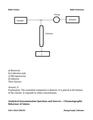 Malik Xufyan Malik Chemistry
a) Reservoir
b) Collection tank
c) Microprocessor
d) Detector
View Answer
Answer: d
Explanation: The unmarked component is detector. It is placed at the bottom
of the column. It responds to solute concentration.
Analytical Instrumentation Questions and Answers – Chromatographic
Behaviour of Solutes
Cell # 0313-7355727 Jhang,Punjab ,Pakistan
 