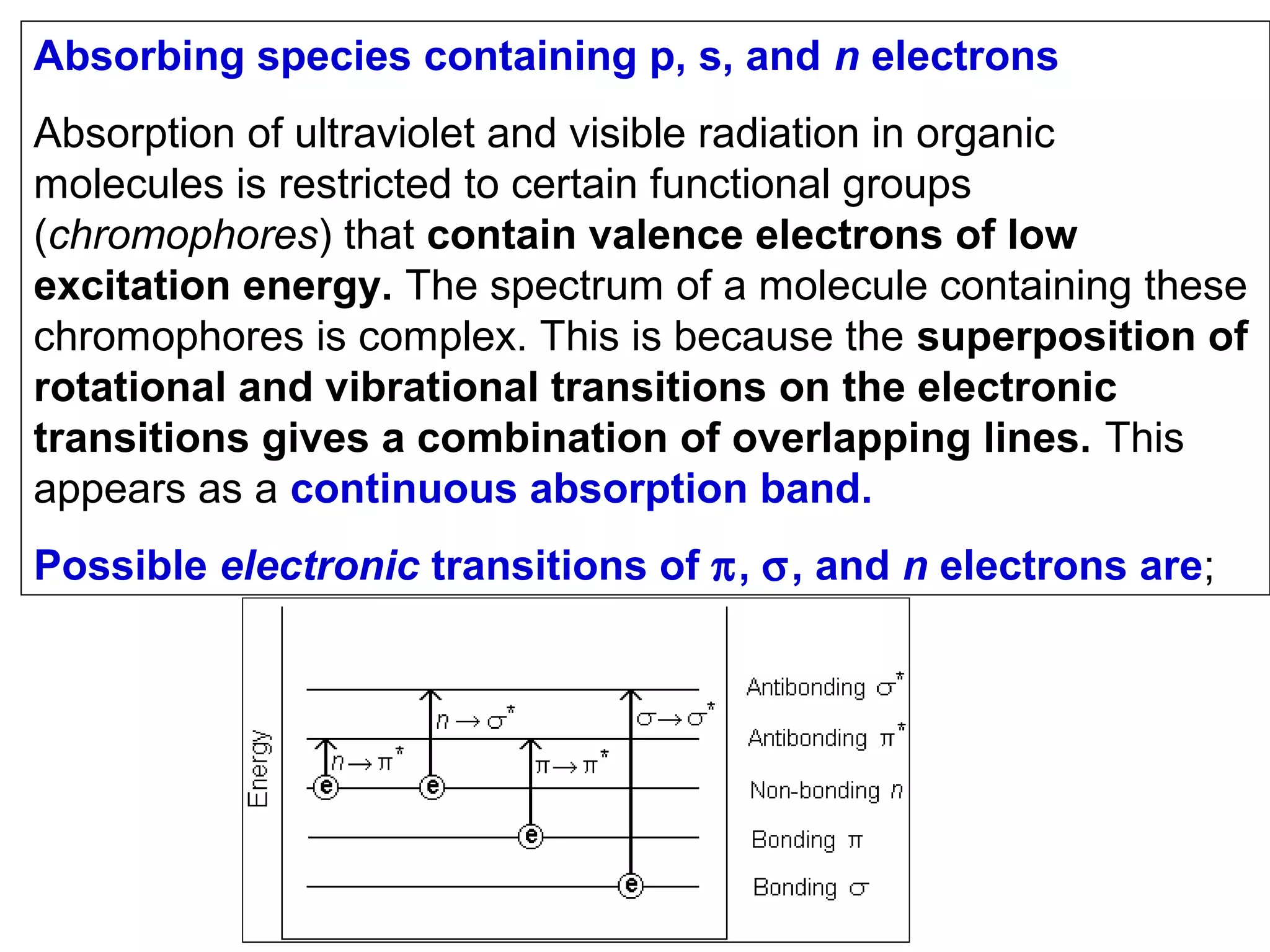 Absorbing species containing p, s, and n electrons
Absorption of ultraviolet and visible radiation in organic
molecules is restricted to certain functional groups
(chromophores) that contain valence electrons of low
excitation energy. The spectrum of a molecule containing these
chromophores is complex. This is because the superposition of
rotational and vibrational transitions on the electronic
transitions gives a combination of overlapping lines. This
appears as a continuous absorption band.
Possible electronic transitions of π, σ, and n electrons are;

 