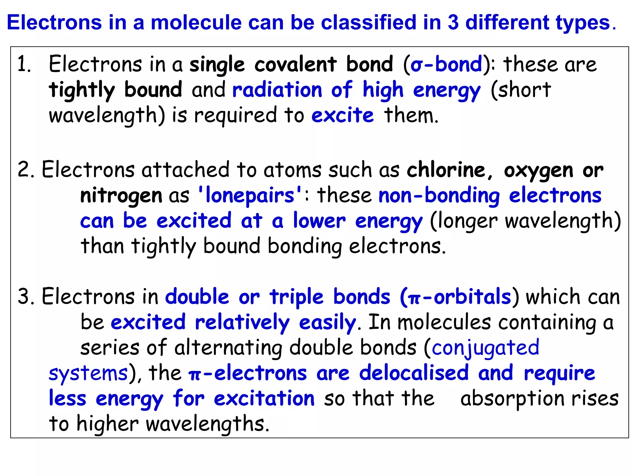 Electrons in a molecule can be classified in 3 different types.
1. Electrons in a single covalent bond (σ-bond): these are
tightly bound and radiation of high energy (short
wavelength) is required to excite them.
2. Electrons attached to atoms such as chlorine, oxygen or
nitrogen as 'lonepairs': these non-bonding electrons
can be excited at a lower energy (longer wavelength)
than tightly bound bonding electrons.
3. Electrons in double or triple bonds (π-orbitals) which can
be excited relatively easily. In molecules containing a
series of alternating double bonds (conjugated
systems), the π-electrons are delocalised and require
less energy for excitation so that the absorption rises
to higher wavelengths.

 