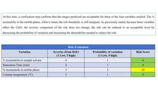 At this time, a verification step confirms that the ranges predicted are acceptable for three of the four variables studied. The %
acetonitrile in the mobile phase, while it meets the risk threshold, is still marginal. As previously stated, because these variables
affect the CQA, the severity component of the risk does not change; the risk can be reduced to an acceptable level by
decreasing the probability of variation and increasing the detectability needed to reduce the risk.
Risk Evaluation
Variation Severity (from DoE)
(1 Low, 5 high)
Probability of variation
(1 Low, 5 high)
Risk Score
% Acetonitrile in sample solvent 4 1 4
Sonication Time (min) 4 1 4
% Acetonitrile in mobile phase 5 2 10
Column temperature (°C) 5 1 5
 