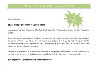 ECB Analytical Credit Dataset – ANACREDIT
Starting point
ESCB - European System of Central Banks
composed by the European Central Bank and the 28 member states of the European
Union
Countries which don't have the Euro as currency have a special status. They are allowed
to conduct their respective national monetary policies but they do not take part of the
decision-making with regard to the monetary policy for the euro-area and the
implementation of such decisions.
Scope is to establish in a stepwise manner a long-term framework for the collection of
granular credit data based on harmonised ECB statistical reporting requirements.
ECB objective: Comprehensive Data Warehouse!
©RPSRecoveryPortfolioServicesLtd.–www.recovery-portfolio-services.co.uk
 