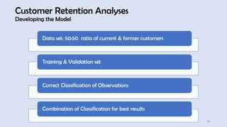 39
Customer Retention Analyses
Developing the Model
Data set: 50:50 ratio of current & former customers
Training & Validation set
Correct Classification of Observations
Combination of Classification for best results
 