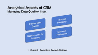 Analytical Aspects of CRM
Managing Data Quality- Issues
• Current , Complete, Correct, Unique
 