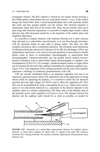 rectangular channel. The ¯ow channel is formed by two plastic blocks pressing a
thin Te¯on gasket, which de®nes the very small dead volume ($1 mL). In the wall-jet
design, the stream ¯ows from a nozzle perpendicularly onto a ¯at electrode surface
(the wall), and then spreads radially over the surface. The electrode diameter is
signi®cantly larger than that of the nozzle inlet. Since the jet remains intact up to
quite large inlet±electrode separations, it is possible to employ large-volume wall-jet
detectors that offer decreased sensitivity to the properties of the mobile phase and
simpli®ed fabrication.
It is possible to employ detectors with solutions ¯owing over a static mercury
drop electrode or a carbon-®ber microelectrode, or to use ¯ow-through electrodes,
with the electrode simply an open tube or porous matrix. The latter can offer
complete electrolysis, that is coulometric detection. The extremely small dimensions
of ultramicroelectrodes (discussed in Section 4-5.4) offer the advantages of ¯ow rate
independence (and hence a low noise level) and operation in nonconductive mobile
phases (such as those of normal-phase chromatography or supercritical ¯uid
chromatography). Ultramicroelectrodes can also greatly bene®t modern microse-
paration techniques such as open-tubular liquid chromatography or capillary zone
electrophoresis (CZE) (57). For example, cylindrical-shaped carbon or copper ®bers
can be inserted into the end of the capillary electrophoresis separation capillary (e.g.,
Figure 3-23). Such alignment of the working electrode with the end of the capillary
represents a challenge in combining electrochemistry with CZE.
CZE has recently established itself as an important separation tool due to its
impressive separation power. Since CZE separations rely on the application of strong
electric ®elds for separating the analytes, it is essential to isolate the low detection
potential from the high voltage (10±30 kV) used to affect the separation (59, 59a).
This can be accomplished by using a decoupling device (e.g., Na®on joint, porous
glass) or via end-column detection (i.e., placement of the detector opposite to the
capillary outlet in a wall-jet con®guration). The latter relies on the dramatic drop of
the potential across small capillaries (of 25 mm or less). The distance between the
detector and the capillary outlet should be as short as possible, as needed for
FIGURE 3-23 Schematic of a carbon-®ber amperometric detector for capillary electro-
phoresis: A, fused silica capillary; B, eluent drop; C, stainless steel plate; RE, reference
electrode; WE, working electrode, AE, auxiliary electrode. (Reproduced with permission from
reference 58.)
3-6 FLOW ANALYSIS 89
 