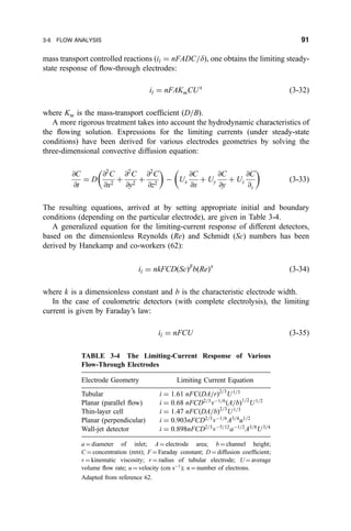 mass transport controlled reactions …il ˆ nFADC=d†, one obtains the limiting steady-
state response of ¯ow-through electrodes:
il ˆ nFAKmCUa
…3-32†
where Km is the mass-transport coef®cient …D=B†.
A more rigorous treatment takes into account the hydrodynamic characteristics of
the ¯owing solution. Expressions for the limiting currents (under steady-state
conditions) have been derived for various electrodes geometries by solving the
three-dimensional convective diffusion equation:
@C
@t
ˆ D
@2
C
@x2
‡
@2
C
@y2
‡
@2
C
@z2
 
À Ux
@C
@x
‡ Uy
@C
@y
‡ Uz
@C
@z
 
…3-33†
The resulting equations, arrived at by setting appropriate initial and boundary
conditions (depending on the particular electrode), are given in Table 3-4.
A generalized equation for the limiting-current response of different detectors,
based on the dimensionless Reynolds (Re) and Schmidt (Sc) numbers has been
derived by Hanekamp and co-workers (62):
il ˆ nkFCD…Sc†b
b…Re†a
…3-34†
where k is a dimensionless constant and b is the characteristic electrode width.
In the case of coulometric detectors (with complete electrolysis), the limiting
current is given by Faraday's law:
il ˆ nFCU …3-35†
TABLE 3-4 The Limiting-Current Response of Various
Flow-Through Electrodes
Electrode Geometry Limiting Current Equation
Tubular i ˆ 1:61 nFC…DA=r†2=3
U1=3
Planar (parallel ¯ow) i ˆ 0:68 nFCD2=3
nÀ1=6
…A=b†1=2
U1=2
Thin-layer cell i ˆ 1:47 nFC…DA=b†2=3
U1=3
Planar (perpendicular) i ˆ 0:903nFCD2=3
nÀ1=6
A3=4
u1=2
Wall-jet detector i ˆ 0:898nFCD2=3
nÀ5=12
aÀ1=2
A3=8
U3=4
a ˆ diameter of inlet; A ˆ electrode area; b ˆ channel height;
C ˆ concentration (mM); F ˆ Faraday constant; D ˆ diffusion coef®cient;
n ˆ kinematic viscosity; r ˆ radius of tubular electrode; U ˆ average
volume ¯ow rate; u ˆ velocity (cm sÀ1
); n ˆ number of electrons.
Adapted from reference 62.
3-6 FLOW ANALYSIS 91
 