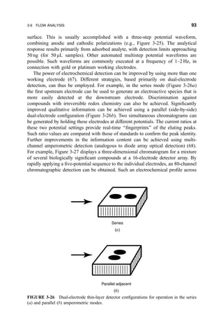 surface. This is usually accomplished with a three-step potential waveform,
combining anodic and cathodic polarizations (e.g., Figure 3-25). The analytical
response results primarily from adsorbed analyte, with detection limits approaching
50 ng (for 50 mL samples). Other automated multistep potential waveforms are
possible. Such waveforms are commonly executed at a frequency of 1±2 Hz, in
connection with gold or platinum working electrodes.
The power of electrochemical detection can be improved by using more than one
working electrode (67). Different strategies, based primarily on dual-electrode
detection, can thus be employed. For example, in the series mode (Figure 3-26a)
the ®rst upstream electrode can be used to generate an electroactive species that is
more easily detected at the downstream electrode. Discrimination against
compounds with irreversible redox chemistry can also be achieved. Signi®cantly
improved qualitative information can be achieved using a parallel (side-by-side)
dual-electrode con®guration (Figure 3-26b). Two simultaneous chromatograms can
be generated by holding these electrodes at different potentials. The current ratios at
these two potential settings provide real-time ``®ngerprints'' of the eluting peaks.
Such ratio values are compared with those of standards to con®rm the peak identity.
Further improvements in the information content can be achieved using multi-
channel amperometric detection (analogous to diode array optical detection) (68).
For example, Figure 3-27 displays a three-dimensional chromatogram for a mixture
of several biologically signi®cant compounds at a 16-electrode detector array. By
rapidly applying a ®ve-potential sequence to the individual electrodes, an 80-channel
chromatographic detection can be obtained. Such an electrochemical pro®le across
Series
(a)
Parallel adjacent
(b)
FIGURE 3-26 Dual-electrode thin-layer detector con®gurations for operation in the series
(a) and parallel (b) amperometric modes.
3-6 FLOW ANALYSIS 93
 