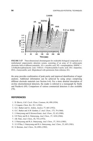 the array provides con®rmation of peak purity and improved identi®cation of target
analytes. Additional information can be achieved by using arrays comprising
different electrode materials (see Section 6-4). For a more detailed description of
on-line electrochemical detectors, the reader is referred to a monograph by Stulik
and PacaÂkovaÂ (69). Comparison of various commercial detectors is also available
(70).
REFERENCES
1. D. Ilkovic, Coll. Czech. Chem. Commun, 64, 498 (1934).
2. J. Lingane, Chem. Rev. 29, 1 (1941).
3. G.C. Barker and I.L. Jenkin, Analyst, 77, 685 (1952).
4. G.C. Barker and A.W. Gardner, Z. Anal. Chem., 173, 79 (1960).
5. J. Osteryoung and E Kirowa-Eisner, Anal. Chem., 52, 62 (1980).
6. E.P. Parry and R.A. Osteryoung, Anal. Chem., 37, 1634 (1964).
7. J.B. Flato, Anal. Chem., 44, 75A (1972).
8. J. Osteryoung and R.A. Osteryoung, Anal. Chem., 57, 101A (1985).
9. J.J. O'Dea, J. Osteryoung and R.A. Osteryoung, Anal. Chem., 53, 695 (1981).
10. S. Borman, Anal. Chem., 54, 698A (1982).
FIGURE 3-27 Three-dimensional chromatogram for oxidizable biological compounds at a
multichannel amperometric detection system, consisting of an array of 16 carbon-paste
electrodes held at different potentials. AA ˆ ascorbic acid; NE ˆ norepinephrine; DOPAC ˆ
3,4-dihydroxyphenylacetic acid; 5-HIAA ˆ 5-hydroxyindole-3-acetic acid; DA ˆ dopamine;
HVA ˆ homovanillic acid. (Reproduced with permission from reference 68.)
94 CONTROLLED-POTENTIAL TECHNIQUES
 