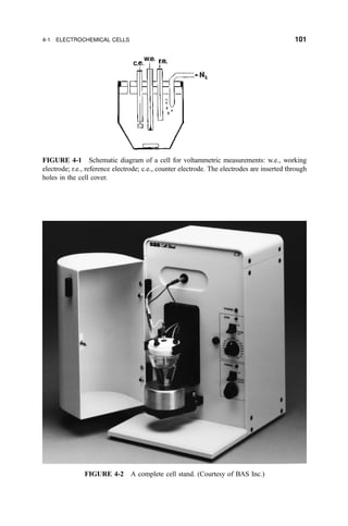FIGURE 4-1 Schematic diagram of a cell for voltammetric measurements: w.e., working
electrode; r.e., reference electrode; c.e., counter electrode. The electrodes are inserted through
holes in the cell cover.
FIGURE 4-2 A complete cell stand. (Courtesy of BAS Inc.)
4-1 ELECTROCHEMICAL CELLS 101
 