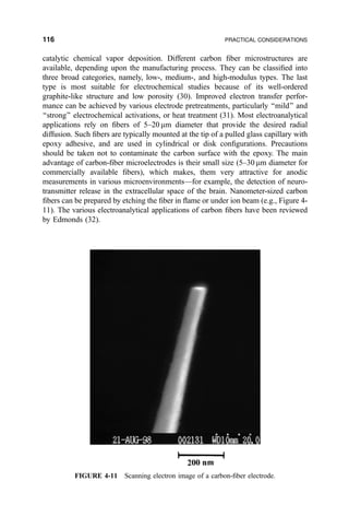 catalytic chemical vapor deposition. Different carbon ®ber microstructures are
available, depending upon the manufacturing process. They can be classi®ed into
three broad categories, namely, low-, medium-, and high-modulus types. The last
type is most suitable for electrochemical studies because of its well-ordered
graphite-like structure and low porosity (30). Improved electron transfer perfor-
mance can be achieved by various electrode pretreatments, particularly ``mild'' and
``strong'' electrochemical activations, or heat treatment (31). Most electroanalytical
applications rely on ®bers of 5±20 mm diameter that provide the desired radial
diffusion. Such ®bers are typically mounted at the tip of a pulled glass capillary with
epoxy adhesive, and are used in cylindrical or disk con®gurations. Precautions
should be taken not to contaminate the carbon surface with the epoxy. The main
advantage of carbon-®ber microelectrodes is their small size (5±30 mm diameter for
commercially available ®bers), which makes, them very attractive for anodic
measurements in various microenvironmentsÐfor example, the detection of neuro-
transmitter release in the extracellular space of the brain. Nanometer-sized carbon
®bers can be prepared by etching the ®ber in ¯ame or under ion beam (e.g., Figure 4-
11). The various electroanalytical applications of carbon ®bers have been reviewed
by Edmonds (32).
FIGURE 4-11 Scanning electron image of a carbon-®ber electrode.
116 PRACTICAL CONSIDERATIONS
 