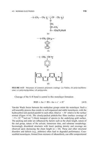 Cleavage of the S±H bond is central to this monolayer formation:
RSH ‡ Au „ RSÀAu ‡ eÀ
‡ H‡
…4-9†
Van-der Waals forces between the methylene groups orient the monolayer. Such a
self-assembly process thus results in well-organized and stable monolayers, with the
hydrocarbon tails packed parallel to each other, tilted at $ 30
relative to the surface
normal (Figure 4-14). The closely-packed pinhole-free ®lms (surface coverage of
$ 9 Â 10À10
mol cmÀ2
) block transport of species to the underlying gold surface.
The packing and order are in¯uenced by factors such as the chain length, nature of
the end group, nature of the solvent, immersion time, and substrate morphology.
Increasingly disordered structures with lower packing density and coverage are
observed upon decreasing the chain length (n  10). These and other structural
disorders and defects (e.g., pinholes) often lead to degraded performance. Coas-
sembled monolayers, formed from mixtures of alkanethiols, can offer compositional
FIGURE 4-13 Structures of common polymeric coatings: (a) Na®on, (b) polyvinyllferro-
cene; (c) polyvinylpyridine; (d) polypyrrole.
4-5 WORKING ELECTRODES 119
 