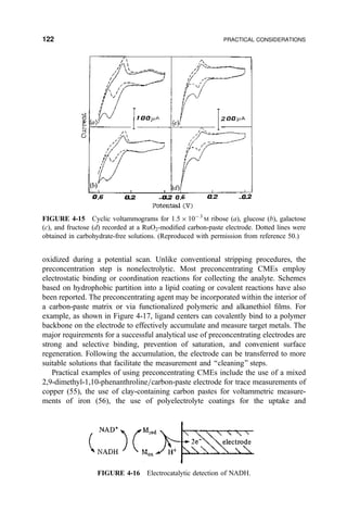 oxidized during a potential scan. Unlike conventional stripping procedures, the
preconcentration step is nonelectrolytic. Most preconcentrating CMEs employ
electrostatic binding or coordination reactions for collecting the analyte. Schemes
based on hydrophobic partition into a lipid coating or covalent reactions have also
been reported. The preconcentrating agent may be incorporated within the interior of
a carbon-paste matrix or via functionalized polymeric and alkanethiol ®lms. For
example, as shown in Figure 4-17, ligand centers can covalently bind to a polymer
backbone on the electrode to effectively accumulate and measure target metals. The
major requirements for a successful analytical use of preconcentrating electrodes are
strong and selective binding, prevention of saturation, and convenient surface
regeneration. Following the accumulation, the electrode can be transferred to more
suitable solutions that facilitate the measurement and ``cleaning'' steps.
Practical examples of using preconcentrating CMEs include the use of a mixed
2,9-dimethyl-1,10-phenanthroline=carbon-paste electrode for trace measurements of
copper (55), the use of clay-containing carbon pastes for voltammetric measure-
ments of iron (56), the use of polyelectrolyte coatings for the uptake and
FIGURE 4-15 Cyclic voltammograms for 1.5 Â 10À 3
M ribose (a), glucose (b), galactose
(c), and fructose (d) recorded at a RuO2-modi®ed carbon-paste electrode. Dotted lines were
obtained in carbohydrate-free solutions. (Reproduced with permission from reference 50.)
FIGURE 4-16 Electrocatalytic detection of NADH.
122 PRACTICAL CONSIDERATIONS
 