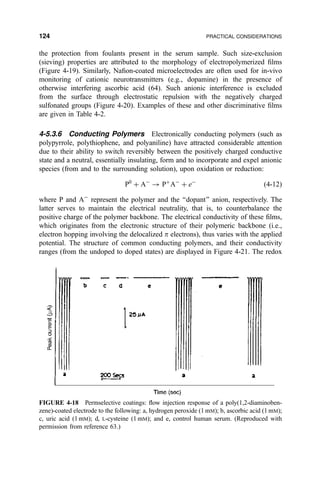 the protection from foulants present in the serum sample. Such size-exclusion
(sieving) properties are attributed to the morphology of electropolymerized ®lms
(Figure 4-19). Similarly, Na®on-coated microelectrodes are often used for in-vivo
monitoring of cationic neurotransmitters (e.g., dopamine) in the presence of
otherwise interfering ascorbic acid (64). Such anionic interference is excluded
from the surface through electrostatic repulsion with the negatively charged
sulfonated groups (Figure 4-20). Examples of these and other discriminative ®lms
are given in Table 4-2.
4-5.3.6 Conducting Polymers Electronically conducting polymers (such as
polypyrrole, polythiophene, and polyaniline) have attracted considerable attention
due to their ability to switch reversibly between the positively charged conductive
state and a neutral, essentially insulating, form and to incorporate and expel anionic
species (from and to the surrounding solution), upon oxidation or reduction:
P0
‡ AÀ
3 P‡
AÀ
‡ eÀ
…4-12†
where P and AÀ
represent the polymer and the ``dopant'' anion, respectively. The
latter serves to maintain the electrical neutrality, that is, to counterbalance the
positive charge of the polymer backbone. The electrical conductivity of these ®lms,
which originates from the electronic structure of their polymeric backbone (i.e.,
electron hopping involving the delocalized p electrons), thus varies with the applied
potential. The structure of common conducting polymers, and their conductivity
ranges (from the undoped to doped states) are displayed in Figure 4-21. The redox
FIGURE 4-18 Permselective coatings: ¯ow injection response of a poly(1,2-diaminoben-
zene)-coated electrode to the following: a, hydrogen peroxide (1 mM); b, ascorbic acid (1 mM);
c, uric acid (1 mM); d, L-cysteine (1 mM); and e, control human serum. (Reproduced with
permission from reference 63.)
124 PRACTICAL CONSIDERATIONS
 