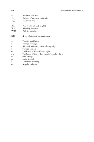 v Potential scan rate
VHg Volume of mercury electrode
Vmax Maximum rate
W1=2 Peak width (at half height)
WE Working electrode
WJD Wall jet detector
XPS X-ray photoelectron spectroscopy
a Transfer coef®cient
G Surface coverage
e Dielectric constant; molar absorptivity
g Surface tension
d Thickness of the diffusion layer
dH Thickness of the hydrodynamic boundary layer
Z Overvoltage
m Ionic strength
n Kinematic viscosity
o Angular velocity
xvi ABBREVIATIONS AND SYMBOLS
 