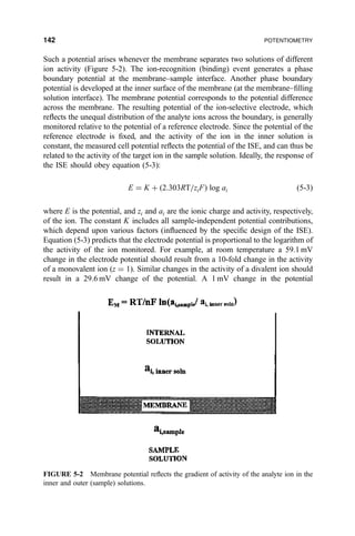 Such a potential arises whenever the membrane separates two solutions of different
ion activity (Figure 5-2). The ion-recognition (binding) event generates a phase
boundary potential at the membrane±sample interface. Another phase boundary
potential is developed at the inner surface of the membrane (at the membrane±®lling
solution interface). The membrane potential corresponds to the potential difference
across the membrane. The resulting potential of the ion-selective electrode, which
re¯ects the unequal distribution of the analyte ions across the boundary, is generally
monitored relative to the potential of a reference electrode. Since the potential of the
reference electrode is ®xed, and the activity of the ion in the inner solution is
constant, the measured cell potential re¯ects the potential of the ISE, and can thus be
related to the activity of the target ion in the sample solution. Ideally, the response of
the ISE should obey equation (5-3):
E ˆ K ‡ …2:303RT=ziF† log ai …5-3†
where E is the potential, and zi and ai are the ionic charge and activity, respectively,
of the ion. The constant K includes all sample-independent potential contributions,
which depend upon various factors (in¯uenced by the speci®c design of the ISE).
Equation (5-3) predicts that the electrode potential is proportional to the logarithm of
the activity of the ion monitored. For example, at room temperature a 59.1 mV
change in the electrode potential should result from a 10-fold change in the activity
of a monovalent ion (z ˆ 1). Similar changes in the activity of a divalent ion should
result in a 29.6 mV change of the potential. A 1 mV change in the potential
FIGURE 5-2 Membrane potential re¯ects the gradient of activity of the analyte ion in the
inner and outer (sample) solutions.
142 POTENTIOMETRY
 