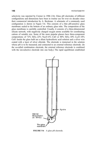 selectivity was reported by Cremer in 1906 (14). Glass pH electrodes of different
con®gurations and dimensions have been in routine use for over six decades since
their commercial introduction by A. Beckman. A schematic of a commonly used
con®guration is shown in Figure 5-6. This consists of a thin pH-sensitive glass
membrane sealed to the bottom of an ordinary glass tube. The composition of the
glass membrane is carefully controlled. Usually, it consists of a three-dimensional
silicate network, with negatively charged oxygen atoms available for coordinating
cations of suitable size. Some of the more popular glasses have three-component
compositions of 72% SiO2±22% Na2O±6% CaO or 80% SiO2±10% Li2O±10%
CaO. Inside the glass bulb are a dilute hydrochloric acid solution and a silver wire
coated with a layer of silver chloride. The electrode is immersed in the solution
whose pH is to be measured, and connected to an external reference electrode. (In
the so-called combination electrode, the external reference electrode is combined
with the ion-selective electrode into one body.) The rapid equilibrium established
FIGURE 5-6 A glass pH electrode.
148 POTENTIOMETRY
 
