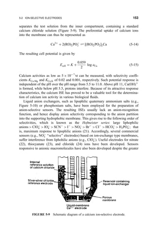 separates the test solution from the inner compartment, containing a standard
calcium chloride solution (Figure 5-9). The preferential uptake of calcium ions
into the membrane can thus be represented as
Ca2‡
‡ 2…RO†2POÀ
2 „ ‰…RO†2PO2Š2Ca …5-14†
The resulting cell potential is given by
Ecell ˆ K ‡
0:059
2
log aCa …5-15†
Calcium activities as low as 5 Â 10À 7
M can be measured, with selectivity coef®-
cients KCa;Mg and KCa;K of 0.02 and 0.001, respectively. Such potential response is
independent of the pH over the pH range from 5.5 to 11.0. Above pH 11, Ca(OH)‡
is formed, while below pH 5.5, protons interfere. Because of its attractive response
characteristics, the calcium ISE has proved to be a valuable tool for the determina-
tion of calcium ion activity in various biological ¯uids.
Liquid anion exchangers, such as lipophilic quaternary ammonium salts (e.g.,
Figure 5-10) or phosphonium salts, have been employed for the preparation of
anion-selective sensors. The resulting ISEs usually lack an anion-recognition
function, and hence display anion selectivity corresponding to the anion partition
into the supporting hydrophobic membrane. This gives rise to the following order of
selectivities, which is known as the Hofmeister series: large liphophilic
anions  ClOÀ
4  IOÀ
4  SCNÀ
 IÀ
 NOÀ
3  BrÀ
 CIÀ
 HCOÀ
3  H2POÀ
4 ; that
is, maximum response to lipophilic anions (21). Accordingly, several commercial
sensors (e.g., NOÀ
3 ``selective'' electrodes) based on ion-exchange type membranes,
suffer interference from liphohilic anions (e.g., ClOÀ
4 ). Useful electrodes for nitrate
(22), thiocyanate (23), and chloride (24) ions have been developed. Sensors
responsive to anionic macromolecules have also been developed despite the greater
FIGURE 5-9 Schematic diagram of a calcium ion-selective electrode.
5-2 ION-SELECTIVE ELECTRODES 153
 