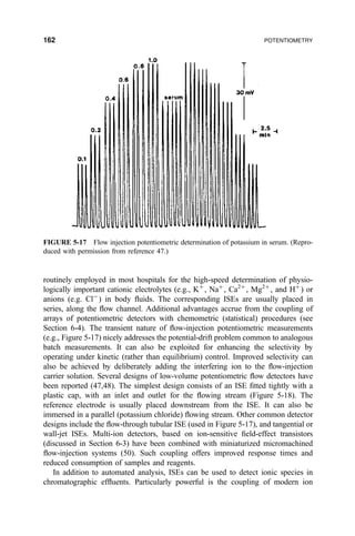 routinely employed in most hospitals for the high-speed determination of physio-
logically important cationic electrolytes (e.g., K‡
, Na‡
, Ca2‡
, Mg2‡
, and H‡
) or
anions (e.g. ClÀ
) in body ¯uids. The corresponding ISEs are usually placed in
series, along the ¯ow channel. Additional advantages accrue from the coupling of
arrays of potentiometric detectors with chemometric (statistical) procedures (see
Section 6-4). The transient nature of ¯ow-injection potentiometric measurements
(e.g., Figure 5-17) nicely addresses the potential-drift problem common to analogous
batch measurements. It can also be exploited for enhancing the selectivity by
operating under kinetic (rather than equilibrium) control. Improved selectivity can
also be achieved by deliberately adding the interfering ion to the ¯ow-injection
carrier solution. Several designs of low-volume potentiometric ¯ow detectors have
been reported (47,48). The simplest design consists of an ISE ®tted tightly with a
plastic cap, with an inlet and outlet for the ¯owing stream (Figure 5-18). The
reference electrode is usually placed downstream from the ISE. It can also be
immersed in a parallel (potassium chloride) ¯owing stream. Other common detector
designs include the ¯ow-through tubular ISE (used in Figure 5-17), and tangential or
wall-jet ISEs. Multi-ion detectors, based on ion-sensitive ®eld-effect transistors
(discussed in Section 6-3) have been combined with miniaturized micromachined
¯ow-injection systems (50). Such coupling offers improved response times and
reduced consumption of samples and reagents.
In addition to automated analysis, ISEs can be used to detect ionic species in
chromatographic ef¯uents. Particularly powerful is the coupling of modern ion
FIGURE 5-17 Flow injection potentiometric determination of potassium in serum. (Repro-
duced with permission from reference 47.)
162 POTENTIOMETRY
 