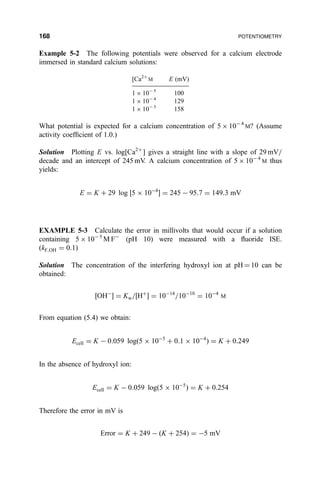Example 5-2 The following potentials were observed for a calcium electrode
immersed in standard calcium solutions:
[Ca2‡
M E (mV)
1 Â 10À 5
100
1 Â 10À 4
129
1 Â 10À 3
158
What potential is expected for a calcium concentration of 5 Â 10À4
M? (Assume
activity coef®cient of 1.0.)
Solution Plotting E vs. log[Ca2‡
] gives a straight line with a slope of 29 mV=
decade and an intercept of 245 mV. A calcium concentration of 5 Â 10À4
M thus
yields:
E ˆ K ‡ 29 log ‰5 Â 10À4
Š ˆ 245 À 95:7 ˆ 149:3 mV
EXAMPLE 5-3 Calculate the error in millivolts that would occur if a solution
containing 5 Â 10À5
M FÀ
(pH 10) were measured with a ¯uoride ISE.
…kF;OH ˆ 0:1†
Solution The concentration of the interfering hydroxyl ion at pH ˆ 10 can be
obtained:
‰OHÀ
Š ˆ Kw=‰H‡
Š ˆ 10À14
=10À10
ˆ 10À4
M
From equation (5.4) we obtain:
Ecell ˆ K À 0:059 log…5 Â 10À5
‡ 0:1 Â 10À4
† ˆ K ‡ 0:249
In the absence of hydroxyl ion:
Ecell ˆ K À 0:059 log…5 Â 10À5
† ˆ K ‡ 0:254
Therefore the error in mV is
Error ˆ K ‡ 249 À …K ‡ 254† ˆ À5 mV
168 POTENTIOMETRY
 